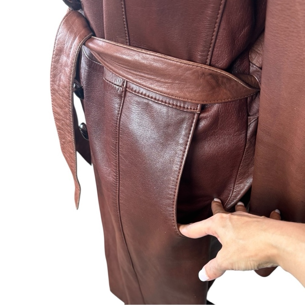 Vintage 1970s Crae Carlyle Cognac Leather Editorial Longline Maxi Coat Size 38 - Picture 9 of 15
